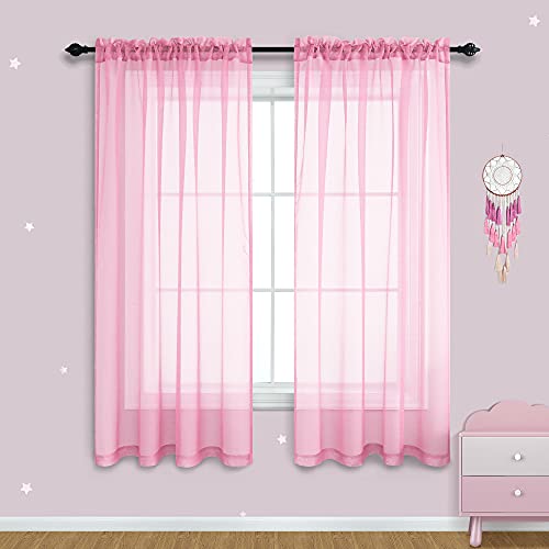 Pink Sheer Curtains 63 Inch Length for Girls Room Decor Window 2 Panels Set Kids Curtains for Bedroom Girls Bed Canopy Teen Girls Bedroom Decoration