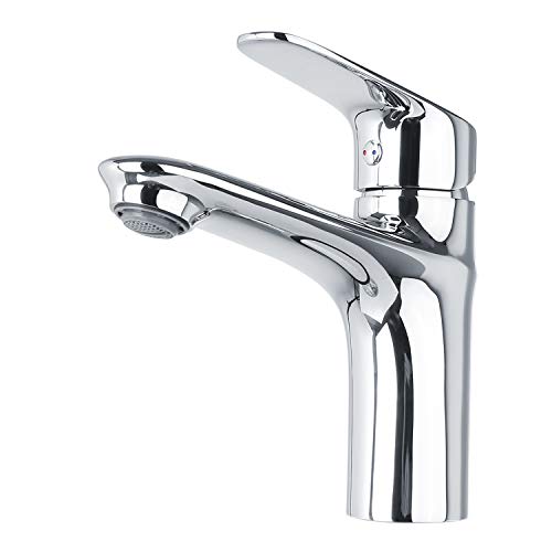 Preisvergleich Produktbild Homfa Waschtischarmatur Badarmatur mit Zugstange Waschbeckenarmatur für Badzimmer Wasserhahn Bad Edelstahl Waschtischbatterie Einhebelmischer Mischbatterie Eckig Hochdruck Chrom