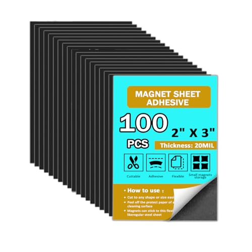 Pack of 100 2x3 Magnet Sheets With Adhesive Backing For Photo Lable to be Magnetic Peel and Stick Flexible Magnetic Sheet for Card Photo DIY Crafts (Sticky Backing)
