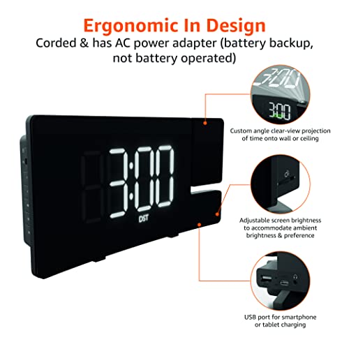 Amazon Basics Rectangular Projection Alarm Clock With Fm Radio, Usb Phone Charging, Battery Backup, Black #TOP3