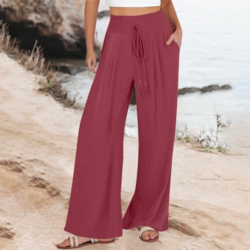 Women Linen Palazzo Pants Summer Boho Wide Leg High Waist Casual Lounge Pant 2025 Beach Vacation Outfits with Pockets2