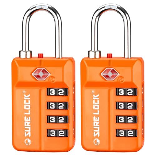 SURE LOCK TSA Approved 4-Digit Resettable Combination Luggage Locks with Open Alert, Easy-Read Dials - for Luggage, School Lockers, Gym, Office, Toolbox & Security Cases (Orange 2 Pack)