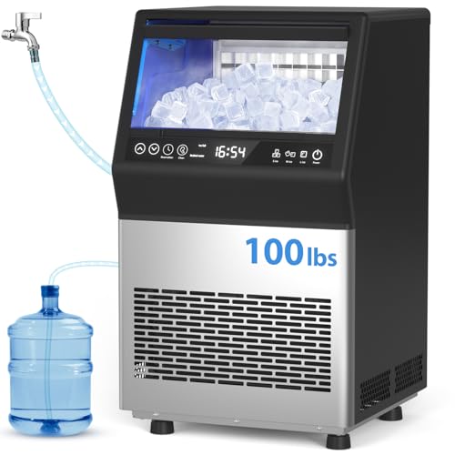 Commercial Ice Maker, 100LBS/24H Undercounter/Freestanding Ice Machine with Self-Priming Gallon Water& Facuet Water Inlet, Self-Cleaning, 3 Ice Thickness,16LBs Storage Bin for Home, Office,Garage