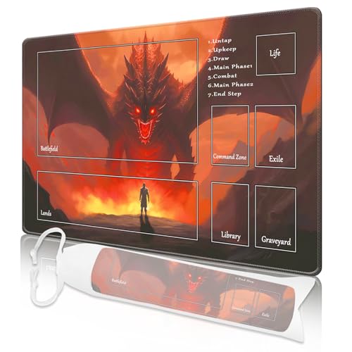 Nkddert MTG Playmat, Playmats for MTG TCG 24" x 14" Stitched Edges Play Mat with Free Storage Bag for Cards Game Play Waterproof Battle Board Game Fierce Dragon MTG Playmat with Zones
