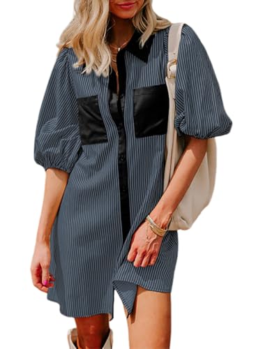 Image of AlvaQ Women Dress Summer 2025 Casual V Neck Short Sleeve Button Down Striped Tunic Dresses with Pockets