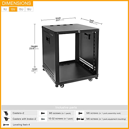 image for RIVECO POMU 12U Network & Stereo Rack with Caster Wheels, Rolling Serv