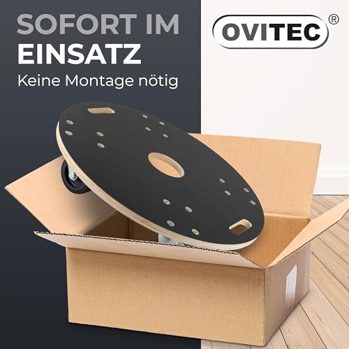 Ovitec Rollbrett rund für Schwerlast | Extra Leise Rollen | 400kg Belastung | 57cm Durchmesser | Hochwertiges Holz | mit 2 Bremsen und Tragegriffen | Rollwagen für Pflanzgefäße | Transportroller