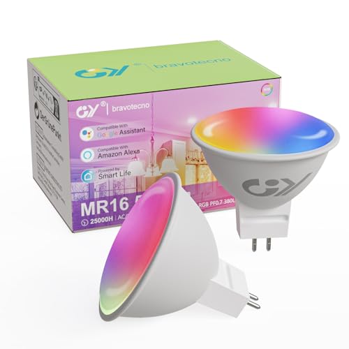GY MR16 Smart LED Bulb,5W 300lm GU5.3 WiFi LED Light Bulb,Compatible with Alexa/Google Home 2.4 GHz WLAN,Dimmable Warm White Cold White and Multicolour Bulb, Control by APP, 2 PCS