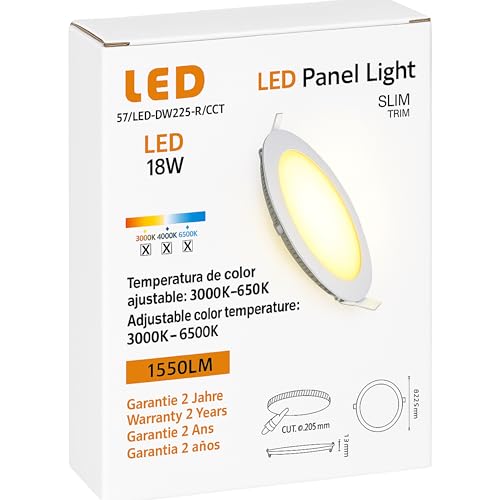 Panel Downlight LED Redondo18 W (Eq. 140 W) | 22 cm. | 1.550 LM | Luz Personalizable | Extraplano de Aluminio | Empotrar Techo | Vida útil 30.000 h y Más de 15.000 Encendidos | Driver Incluido