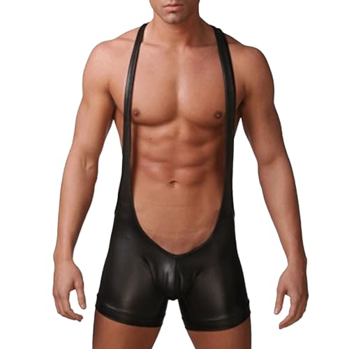 Zylphorix Men's Leather Athletic Supporters Jumpsuit Wrestling Leotard Leotard Singlet Underwear One Piece Singlet Bodysuit (Large,Black)
