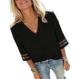 Women's V-Neck Mesh Panel 3/4 Sleeve Blouse Casual Solid Loose Business Work Top Office Shirts Black