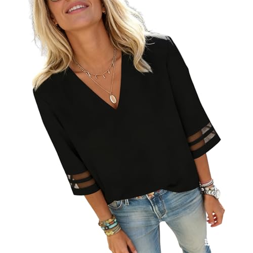 Women's V-Neck Mesh Panel 3/4 Sleeve Blouse Casual Solid Loose Business Work Top Office Shirts Black