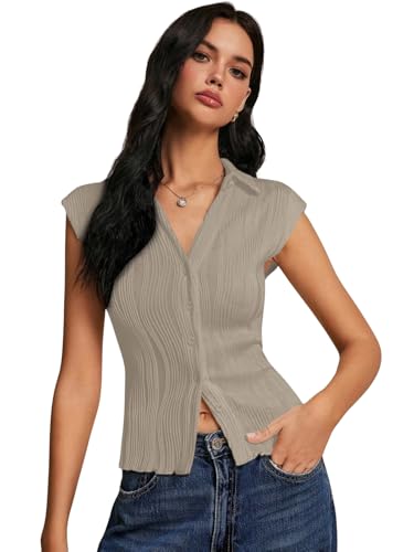 Image of GRECIILOOKS Korean Tees for Women | Tops for Woman | Collared Casual Summer Tops for Women Western | Knitted Top Button-Up Short Sleeve Crop Top |Summer Stylish Texture Korean Knit Tee