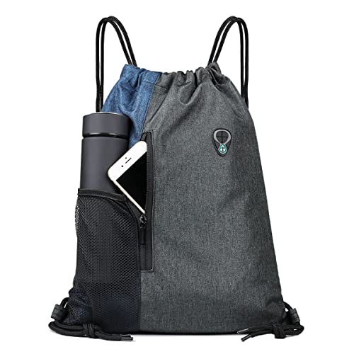 YUOHEE Gymväska dragsko ryggsäck, vattentät gymväska PE-väska med dragkedja och nätfickor, bäst för utomhussport, yoga, simning, blå/grå