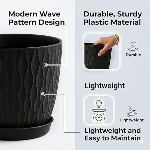 Image of Eightiz (Pack of 5 6 Inch Plastic Flower Pots for Indoor & Outdoor Terrace,Garden Plants Decorative Planters with Drainage Holes & Matching Saucers Durable & Lightweight (Black)
