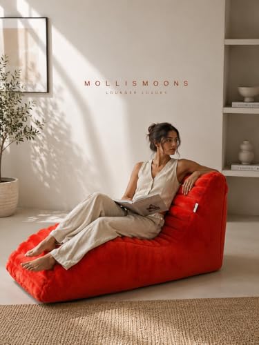 Image of Mollismoons Faux Fur Bean Bag Chair Cover for Adults & Kids | Luxury Lounger & Round Floor Sofa Seating | Modern Cozy Feel | No Beans Included (Red, Lounger)