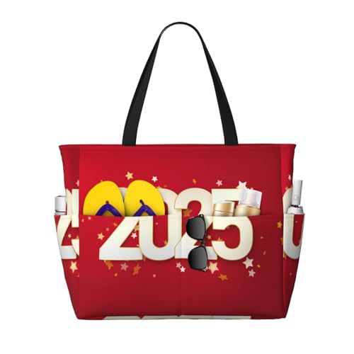 Happy New 2025 Year Print Beach Pool Bags Tote For Women Ladies Large Gym Tote Carry On Bag For Weekender Travel Waterproof