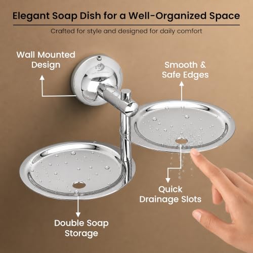 Image of USF Premium Double Soap Dish for Bathroom, 304 Grade Stainless Steel Soap Holder for Wash & Shower Area, Wall Mounted & Quick Drainage System, Chrome Finish, 25 Years Warranty, Pack of 1 - Torin