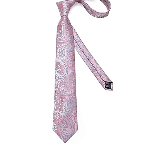 Dibangu Mens Silk Blush Pink Paisley Necktie And Gold Tie Ring Set Formal Pocket Square Cufflinks With Gift Box #TOP5