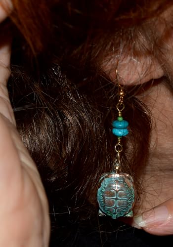 Elaine Coyne Wearable Art Verdigris Patina Solid Brass Sea Turtle Dangle Earrings - Turquoise2