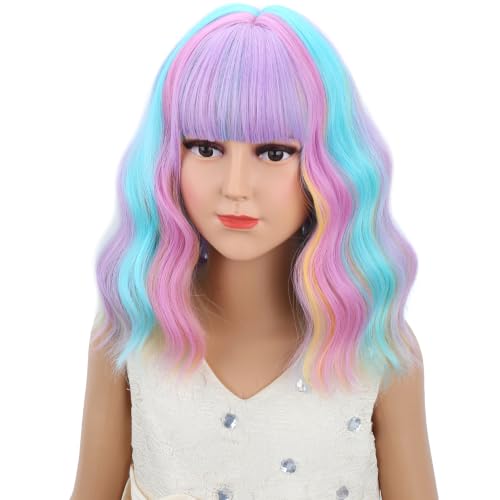 Image of Rainwow Wig Short Rainbow Wavy Curly Wigs Colorful Wig with Air Bangs Synthetic Cosplay Hair Wigs