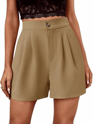 Febriajuce Women's Elastic High Waist Pleated Shorts Wide Leg