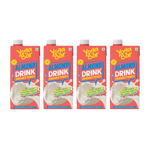 Yogabar Unsweetened Almond Drink 4 ltr (4 x 1000) | Lactose Free | No Added Sugar |Gluten Free | No Preservatives | Barista Approved | Zero Cholesterol | Dairy Free| Source of Calcium & Vitamins | Almond Beverage Unsweetened
