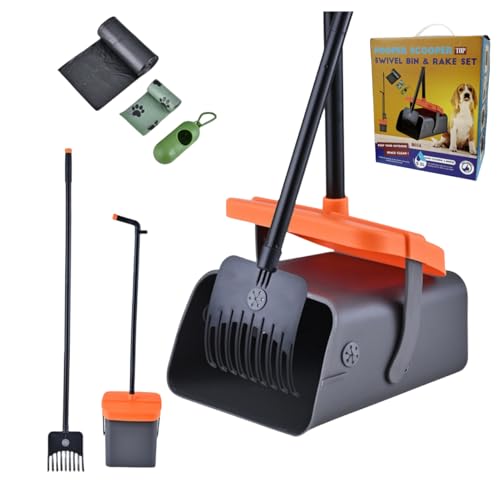 JINGUWU Juego de cubo giratorio grande y rastrillo, mango largo ajustable de 41 pulgadas con 35 bolsas de basura para uso limpio de residuos de mascotas en hierba, tierra o grava