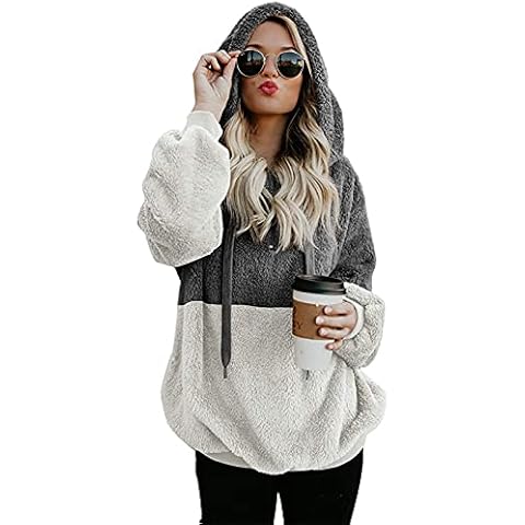 Women Fleece Hoodie Casual 1/4 Zip Leopard Print High Neck Pullover Loose Color Block Drawstring Sweatshirt Fuzzy Fluffy Long Sleeve Tops Baggy Plus Size Jumper Stylish Patchwork Hooded with Pocket Cover