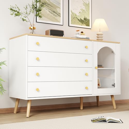 Pangshiyuan Cómoda con 4 cajones anchos, 120 x 40 x 77,5 cm, aspecto de madera, armario de almacenamiento para salón, comedor, dormitorio, moderno