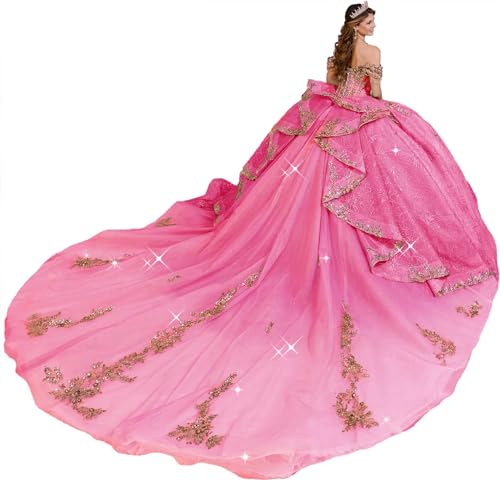 Gold Appliques Quinceanera Dresses with Bow Sweet XV Dress Glitter Puffy Ball Gown with Long Train PM006