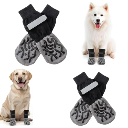 2 Paar/4 Stück Anti-Rutsch-Hundesocken, Doppelseitige Anti-Rutsch Hundesocken mit Verstellbarem reflektierendem Klettverschluss Hundestiefel für den Pfotenschutz von Hunden Innenbereich (Schwarz,XL)