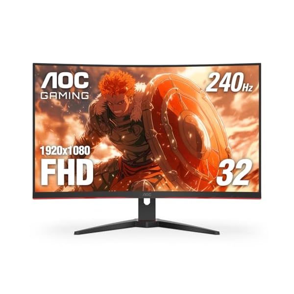 AOC C32G2ZE 32″ Curved Frameless Gaming Monitor, Full HD 1920×1080, VA, 0.5ms 240Hz, AMD FreeSync Premium, DP/HDMI/VGA, VESA, 3-3-1 Re-Spawn Program, Xbox PS5 Switch,Black