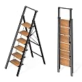 Mayi Plus 6 Step Ladder, Foldable Ladder with Anti-Slip Wide Pedal, Lightweight Aluminum Step Stool with Convenient Handgrip, 330 lbs Capacity Stepladder for Home, Office, Library (Black Woodgrain)
