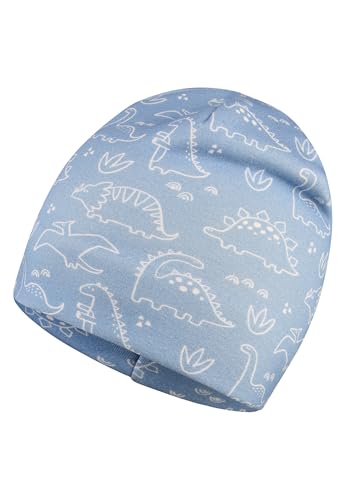 Sterntaler Beanie Saurier – Jungen Mütze aus Sweat mit Flauschiger Rückseite, Bedruckt mit Dino-Motiven, elastisch und bequem, samtblau, Größe 49