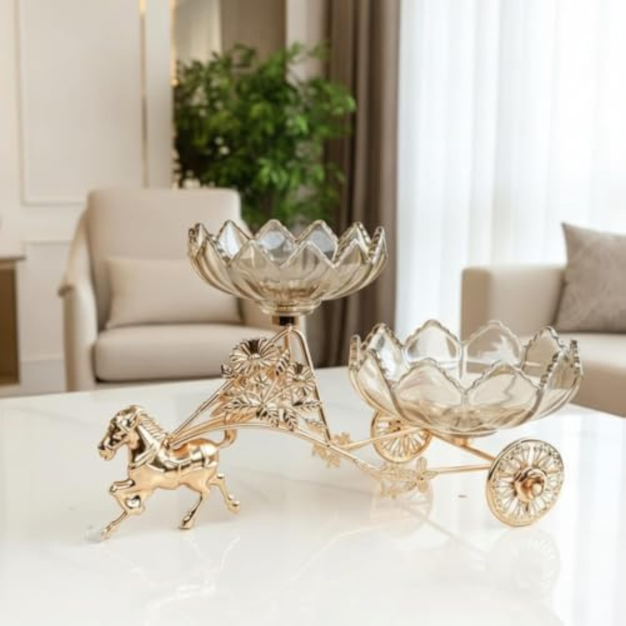 Gold-Tone Serving Tray with Bowls, Ornate Snack Tray with Stand