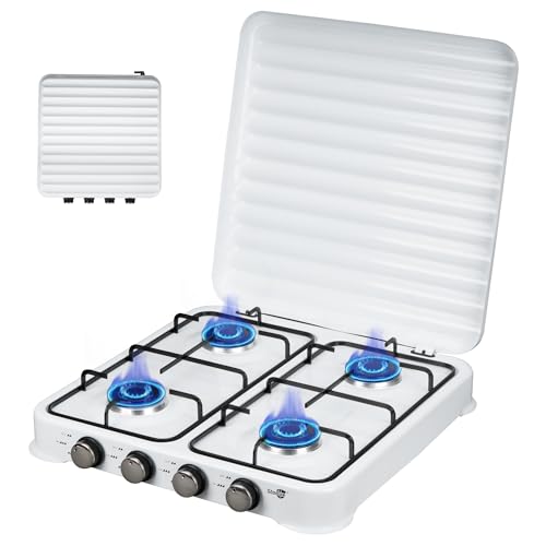 aleawol Camping Gaskocher 4 Flammig, 8.8KW Gaskocher Tragbarer Gaskochfeld mit Windschutzscheibe und Tragekoffer, Campingkocher für Innenbereich und Outdoor mit Zündsicherung (49.7x49.7x6.3CM)
