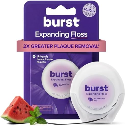BURST Expanding Dental Floss (Watermelon Mint/40 Yards) | Stain Absorbing & Woven Tooth Floss with Xylitol Coating to Fight Cavities | Vegan | Paraben Free Expanding Floss