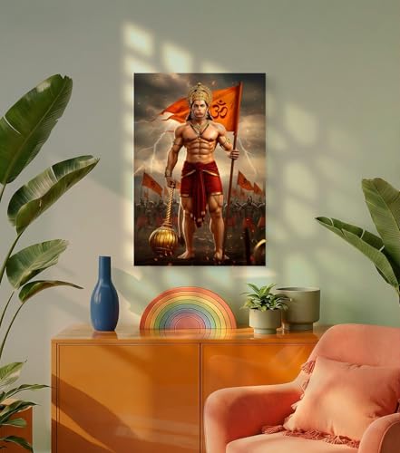 Image of SAF Veer Hanuman Powerful Warrior Wall Poster | Bajrangbali Gada Artwork with Om Flag | Waterproof Sparkle Laminated Vinyl Poster | Unframed Religious Home Decor 12 x 18 inch