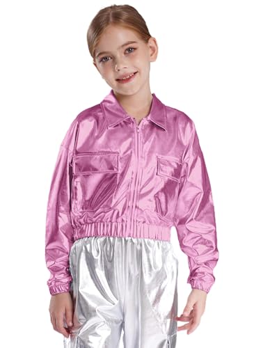Kids Girls Shiny Metallic Jacket Coat Long Sleeve Flip Collar with Flap Pockets Jazz Hip Hop Blazer Dancewear