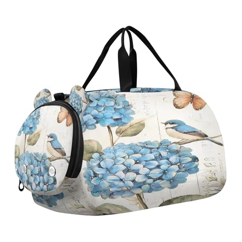 Travel Duffle Bag for Kids Boys Girls Blue Hydrangeas Birds Sports Bag Overnighter Duffle Sleepover Weekender with Shoes Compartment