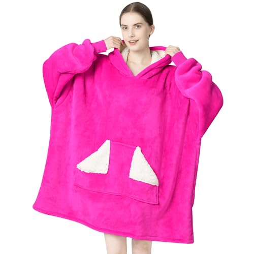 Touchat Wearable Blanket Hoodie, Oversized Sherpa Fleece Sweatshirt Blanket with Giant Hood Pocket and Sleeves for Adult, Warm & Cozy Blanket Gifts for Women (Neon Pink)