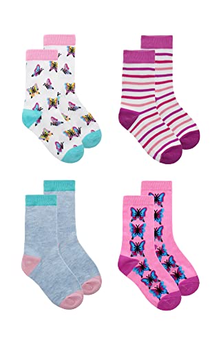 DENSLEY&CO Kids Girls 4-Pack Fun Graphic Crew Socks Bundle | Multiple Colours & Patterns