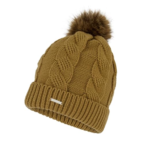 Spyder Womens Cable Knit Pom Pom Beanie with Ribbed Cuff Taupe One Size