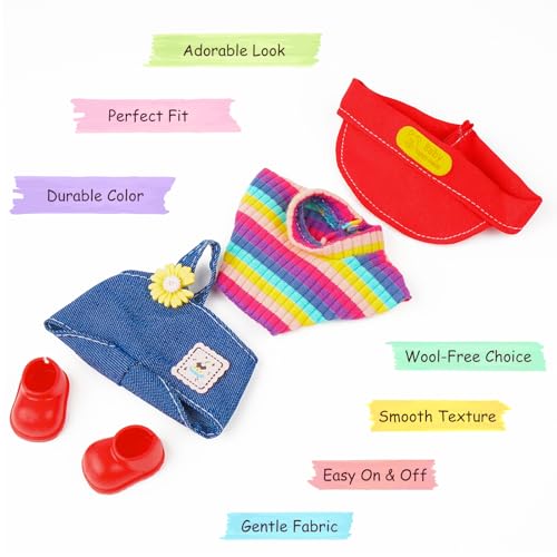 Clothes for Labubu 17cm Doll Clothes & Accessories - 4-Piece Outfit for Doll Clothing (No Doll) , Rainbow Shirt and One-Shoulder Overalls with Mini Shoes and Hat — view 4