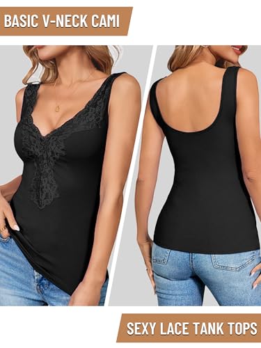 Image of Womens Lace Tank Top Sexy Deep V Neck Wide Strap Tops Fitted Basic Cami Shirts