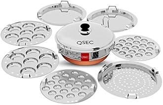 QSEC Stainless Steel Idli dhokla steamer | 7 plates | Idli maker stainless steel steamer with Copper Bottom All-in-One Big Size dhokla cooker | 5 Plates | 2 Idli | 2 Dhokla | 1 Patra | Momo steamer | 4 in 1 | Idli maker steamer - 285MM 100% Non toxin material