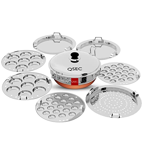 QSEC Stainless Steel Idli dhokla steamer | 7 plates | Idli maker stainless steel steamer with Copper Bottom All-in-One Big Size dhokla cooker | 5 Plates | 2 Idli | 2 Dhokla | 1 Patra | Momo steamer | 4 in 1 | Idli maker steamer - 285MM 100% Non toxin material