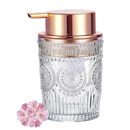 Image of Glass Soap Dispensers with Red Copper Pump Head, Large Bottle Mouth, Liquid Soap Dispenser for Kitchen and Bathroom, Heavey Sunflower Glass Cup 330ml /11oz - 1 Pack