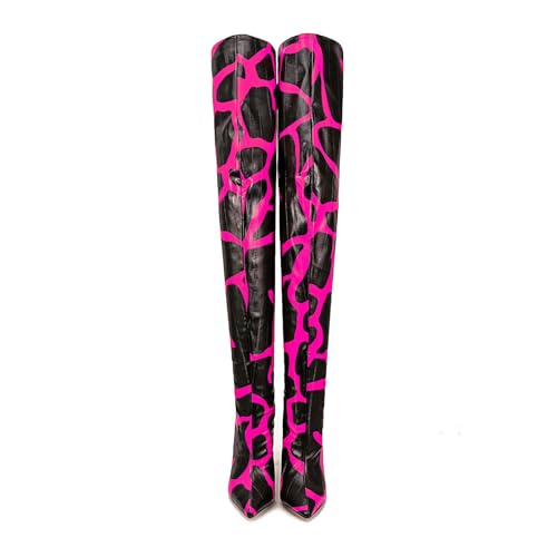 Image of Thigh high boots for women striped Back zipper Burgundy Zebra Print Over the knee Sexy gold white pointed toe Cow Print leopard Magenta stiletto heel